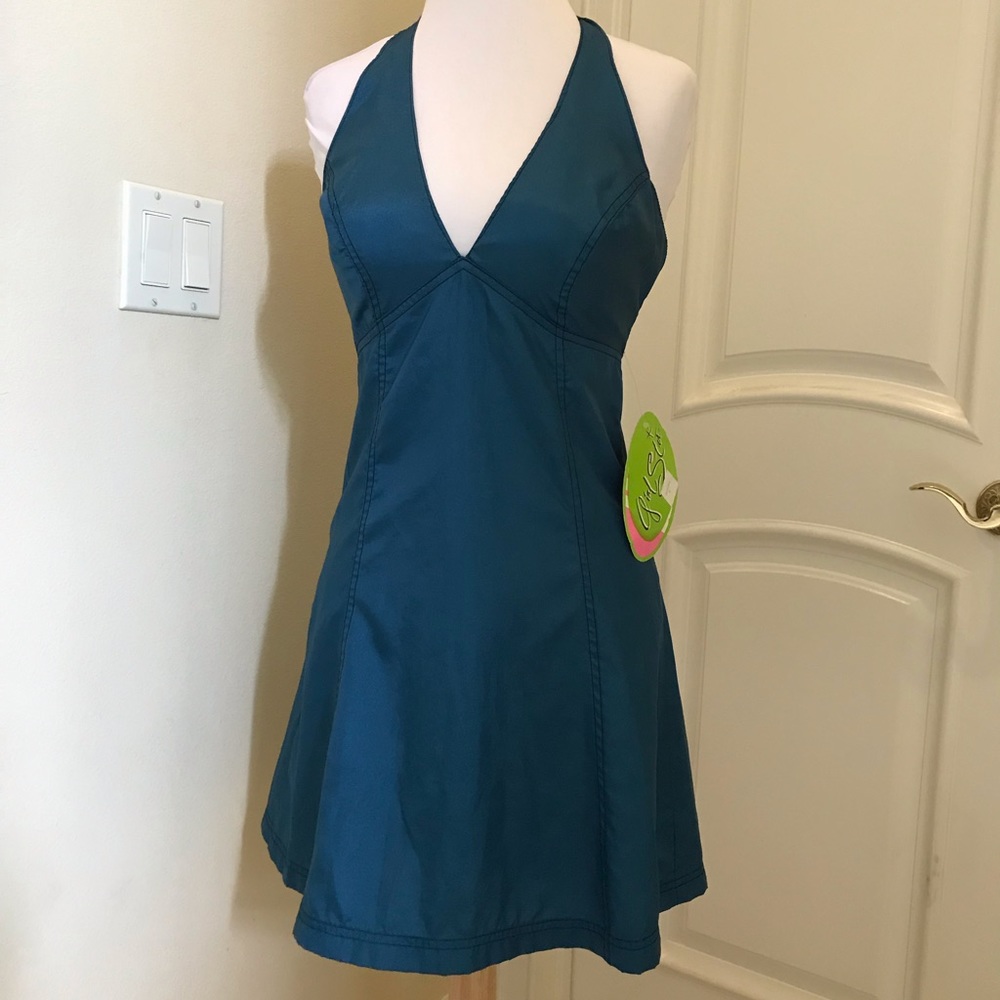Vintage 90s NWT Girl Star teal nylon beach  halter dress